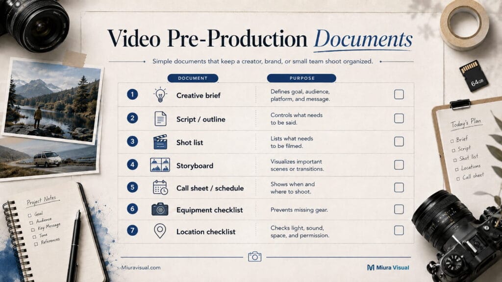 Video pre-production documents checklist showing creative brief, script, shot list, storyboard, call sheet, equipment checklist, and location checklist.