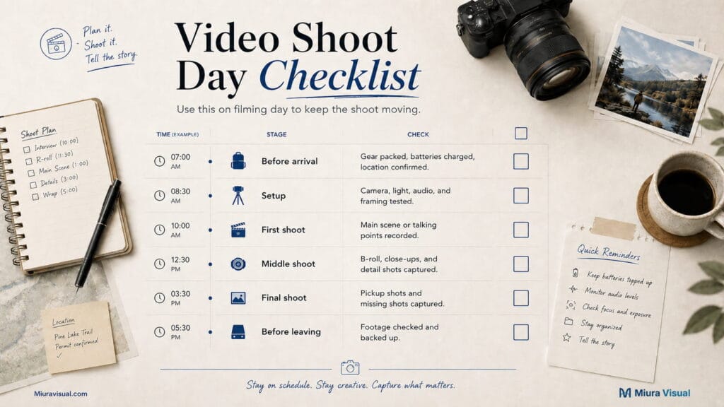 Video shoot day checklist for checking gear, setup, main scene, B-roll, pickup shots, footage review, and backup before leaving.