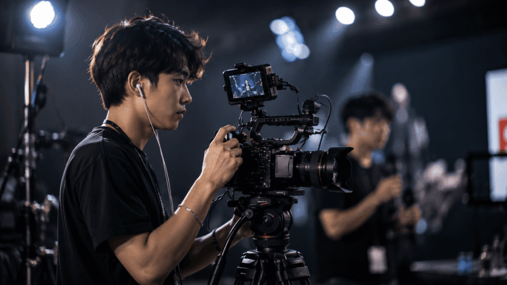 Cosplay Photography Portfolio 4 Local Chinese videographer filming with a professional camera rig in a cinematic production setting