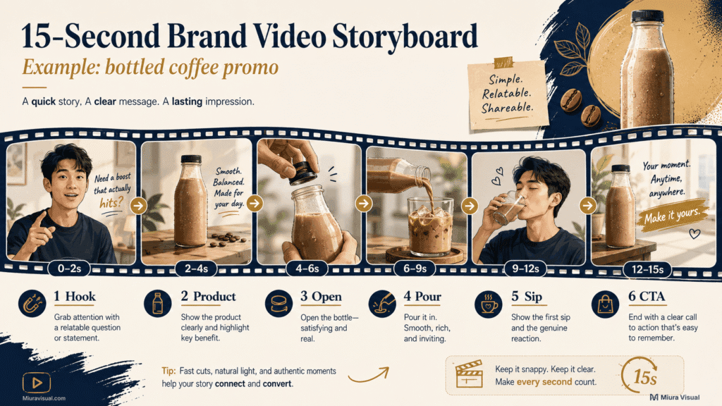 How to Storyboard a Video for Short-Form Brand Content 6 Six-panel storyboard example for a 15-second bottled coffee brand video with hook, product, action and CTA