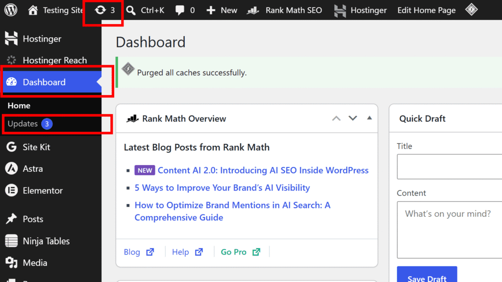 WordPress dashboard showing the Updates menu and plugin update notification icon