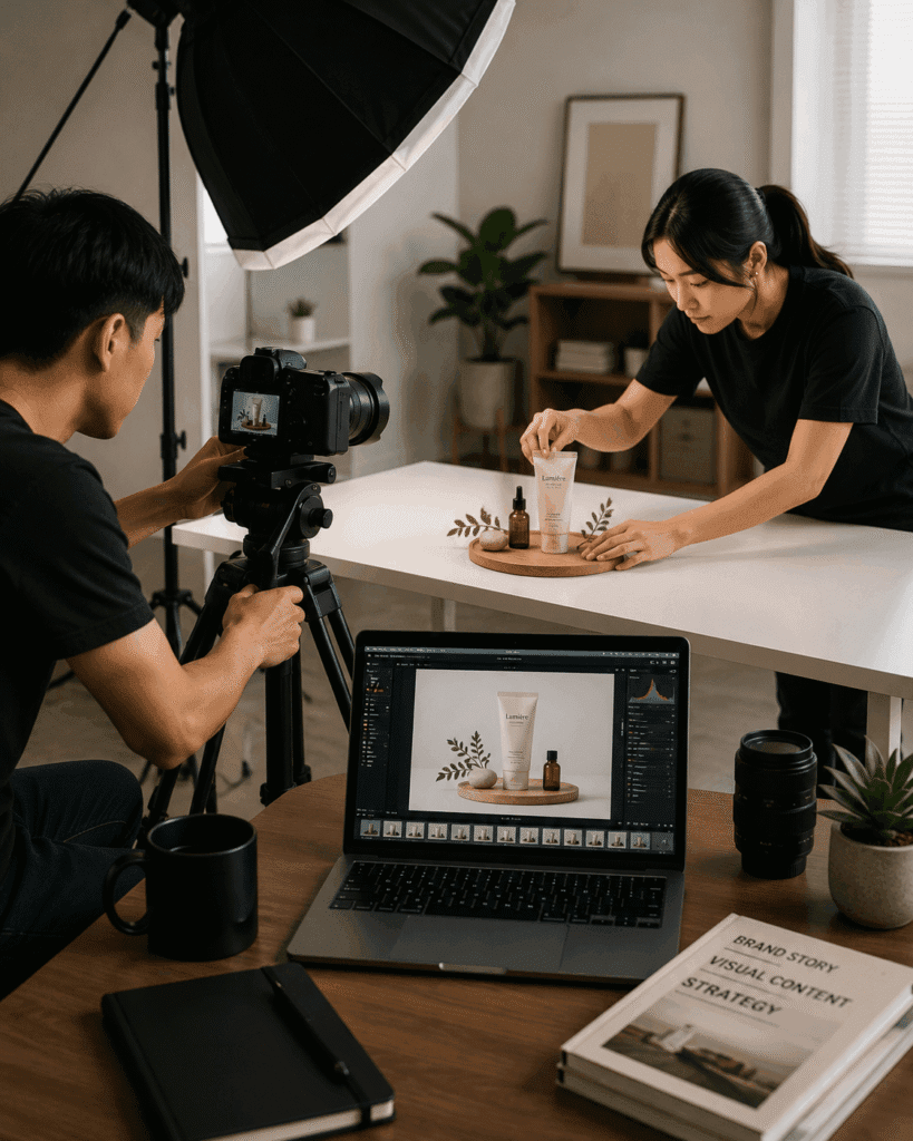 Product photographer and stylist arranging skincare products with a live editing preview