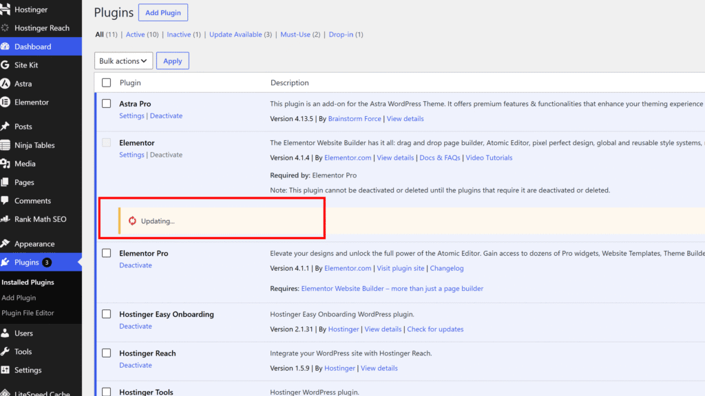 WordPress plugin page displaying an Updating message while the plugin update is in progress