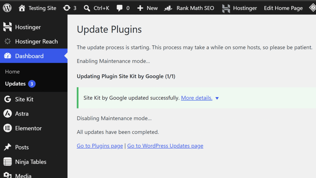 WordPress confirmation page showing that all plugin updates have been completed