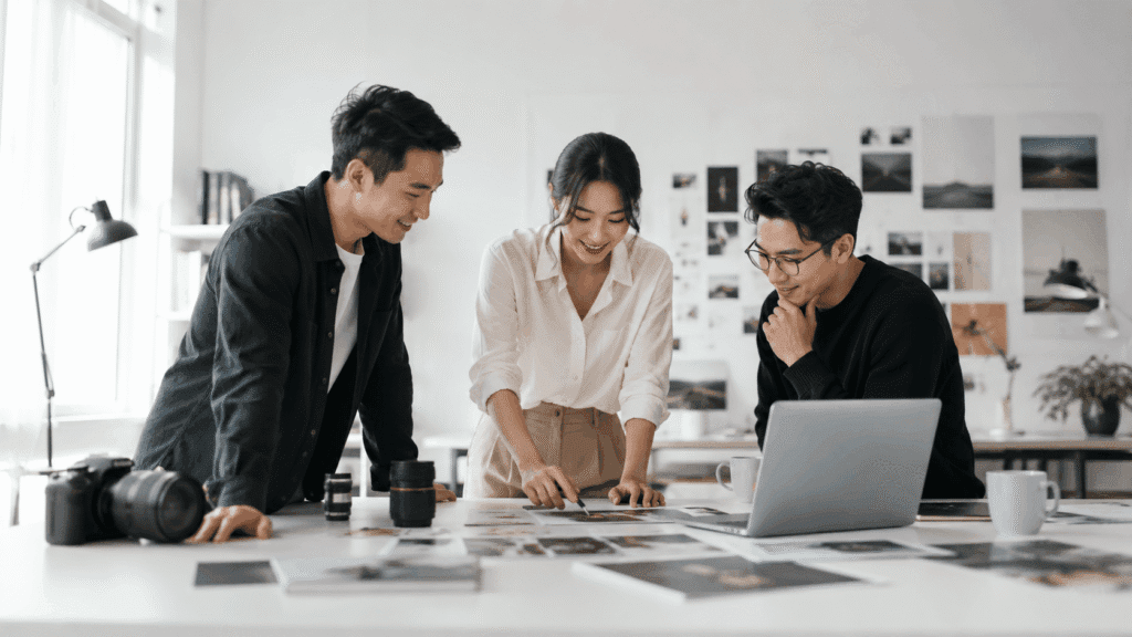 Miura Visual - From Vision to Voyage 1 Malaysian Chinese creative team reviewing visual content and brand assets in a modern studio for Miura Visual