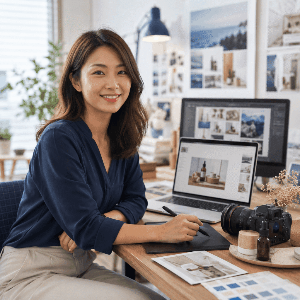 Digital Presence Malaysia | Website, SEO & Support 42 Female web strategist working with website wireframes, laptop, notes and planning materials for add-on website support.