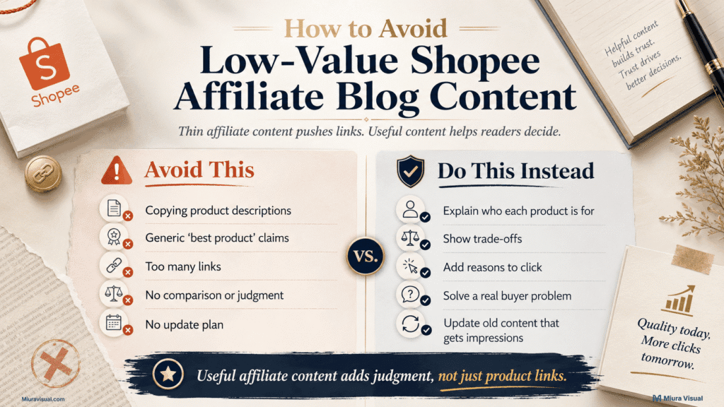 Shopee Affiliate for Bloggers: How to Promote Products with SEO Content 4 Do and don’t guide for avoiding low-value Shopee Affiliate blog content by adding judgment, comparisons, and buyer-focused advice.