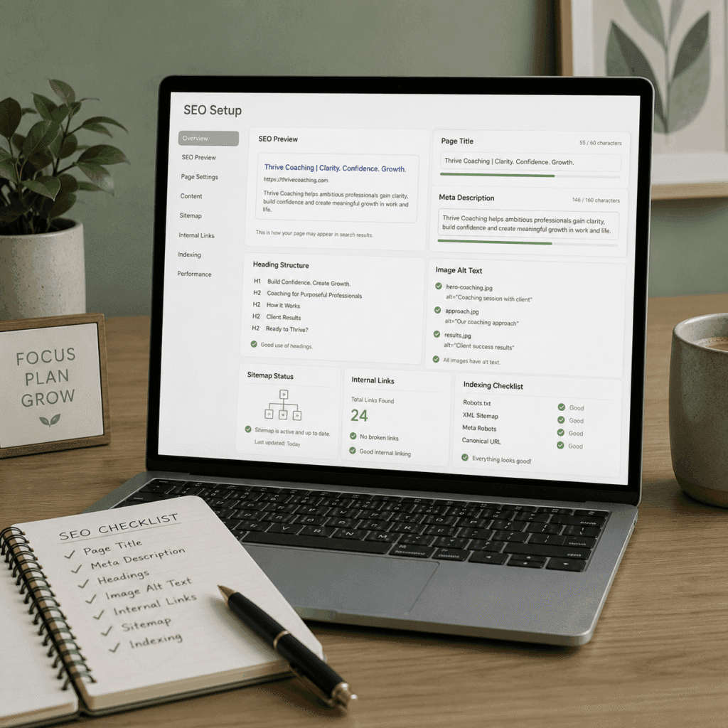 SEO setup dashboard showing page title, meta description, headings, sitemap and indexing checks
