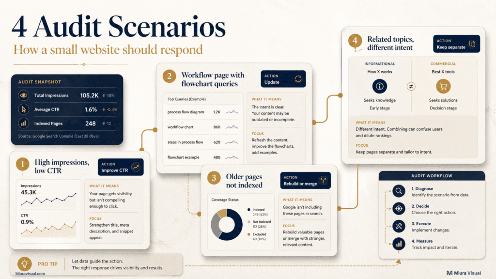 How to Do a Content Audit for Your Blog: Keep, Update, Merge or Remove? 6 Four blog content audit scenarios showing how a small website should respond to low CTR, flowchart queries, indexing issues and different search intent
