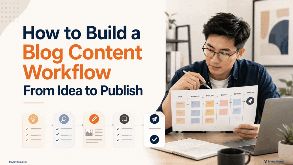 How to Build a Blog Content Workflow From Idea to Publish 1 Asian content creator reviewing a blog content workflow from idea to publishing at a modern workspace