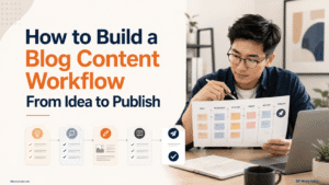 Asian content creator reviewing a blog content workflow from idea to publishing at a modern workspace