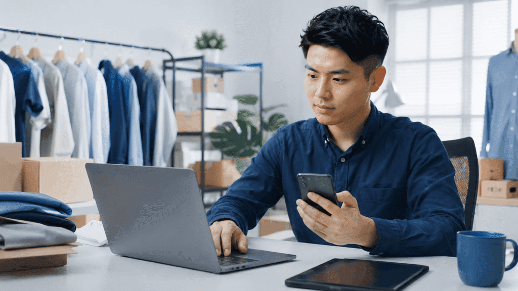 Brand Visibility Malaysia | Affiliate & Referral Content 10 Online brand owner managing website, social media and product content from a modern workspace