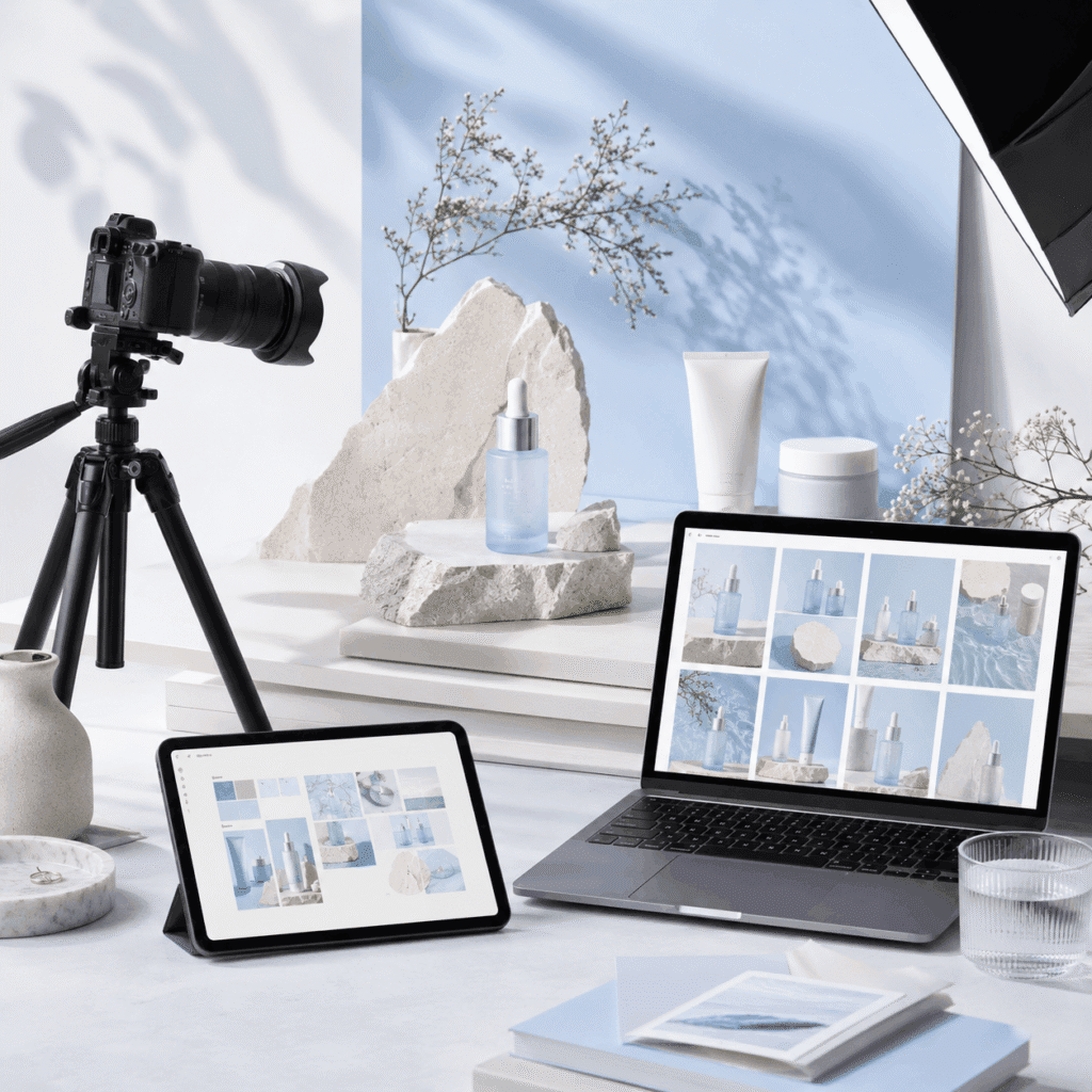 Brand Visibility Malaysia | Affiliate & Referral Content 5 Product photography setup with camera, skincare products and digital content previews