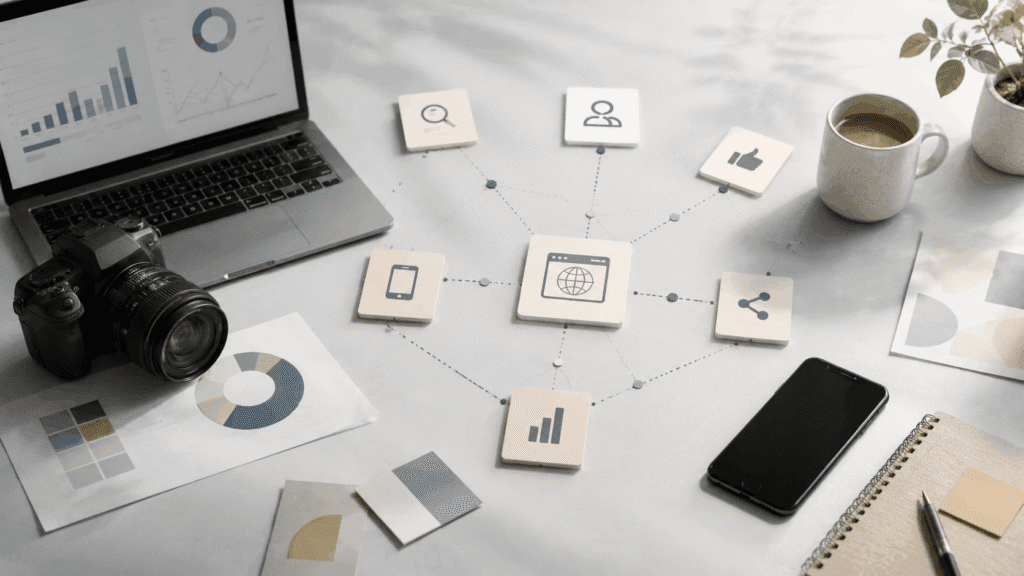 Brand Visibility Malaysia | Affiliate & Referral Content 3 Brand visibility workspace with connected digital touchpoints, analytics dashboard, camera, laptop and mobile content planning setup.