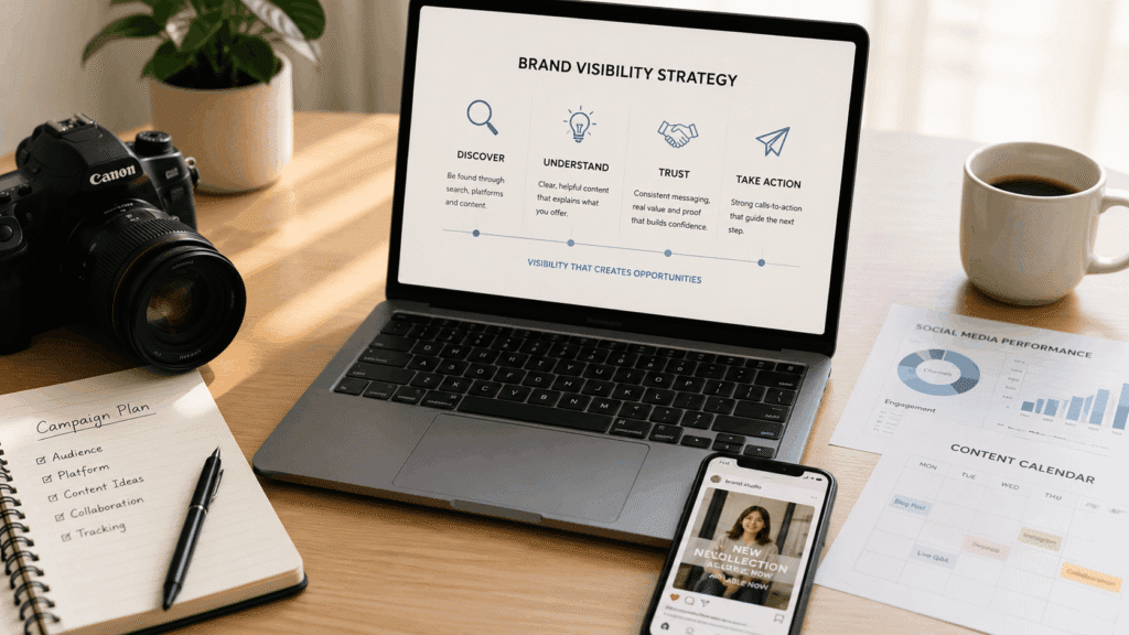 Brand Visibility Malaysia | Affiliate & Referral Content 2 Brand visibility strategy workspace showing content planning, audience discovery, trust building and campaign performance.
