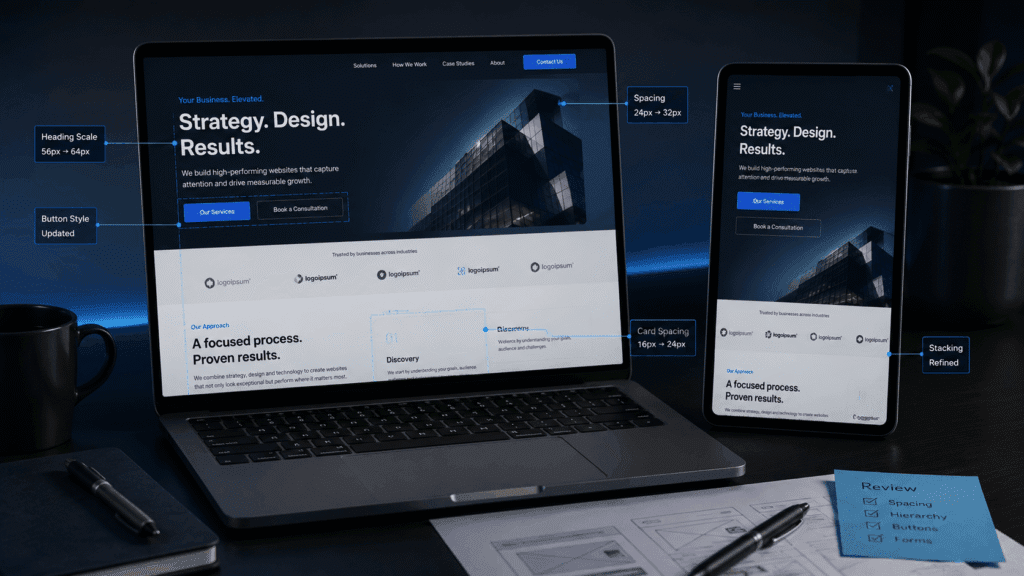 Landing Page Design Malaysia for Businesses | Miura Visual 39 Website refinement workspace with laptop and tablet showing landing page review and layout adjustments