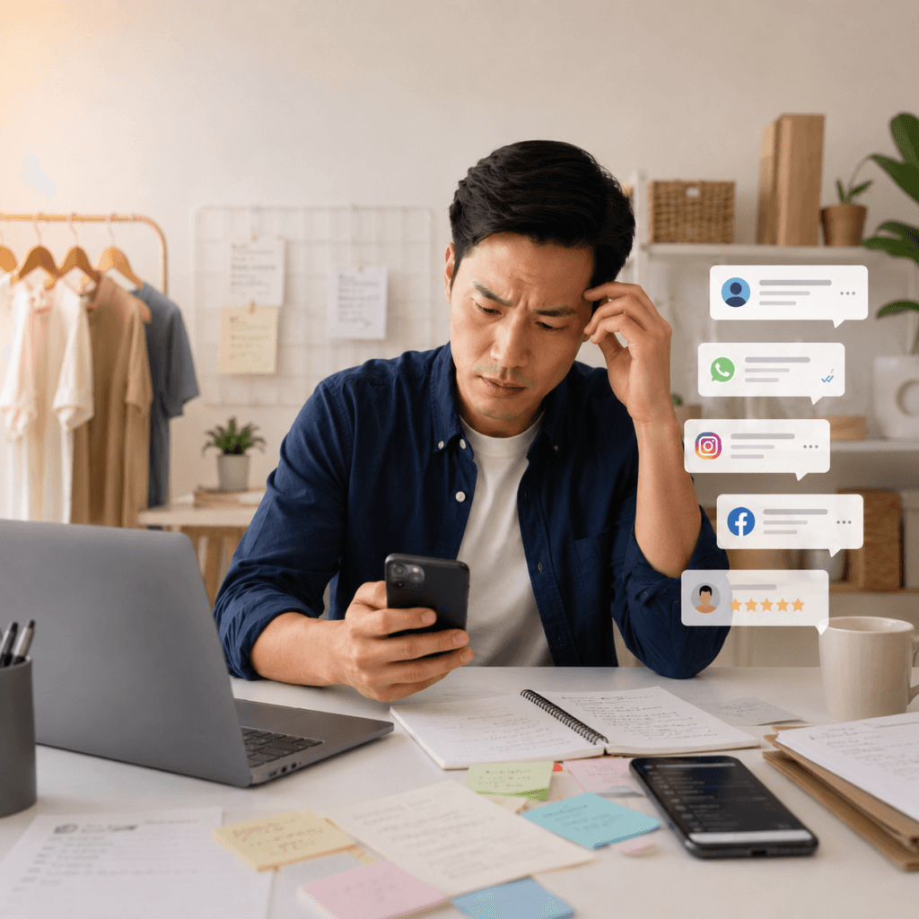 Business owner managing scattered customer messages and online information without an official website.