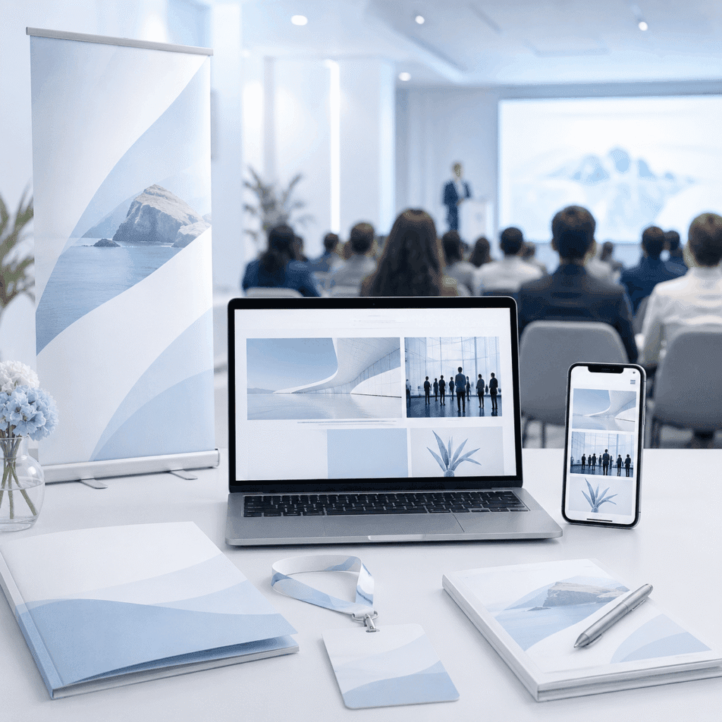Brand Visibility Malaysia | Affiliate & Referral Content 7 Corporate seminar with campaign visuals displayed across laptop, mobile and event materials