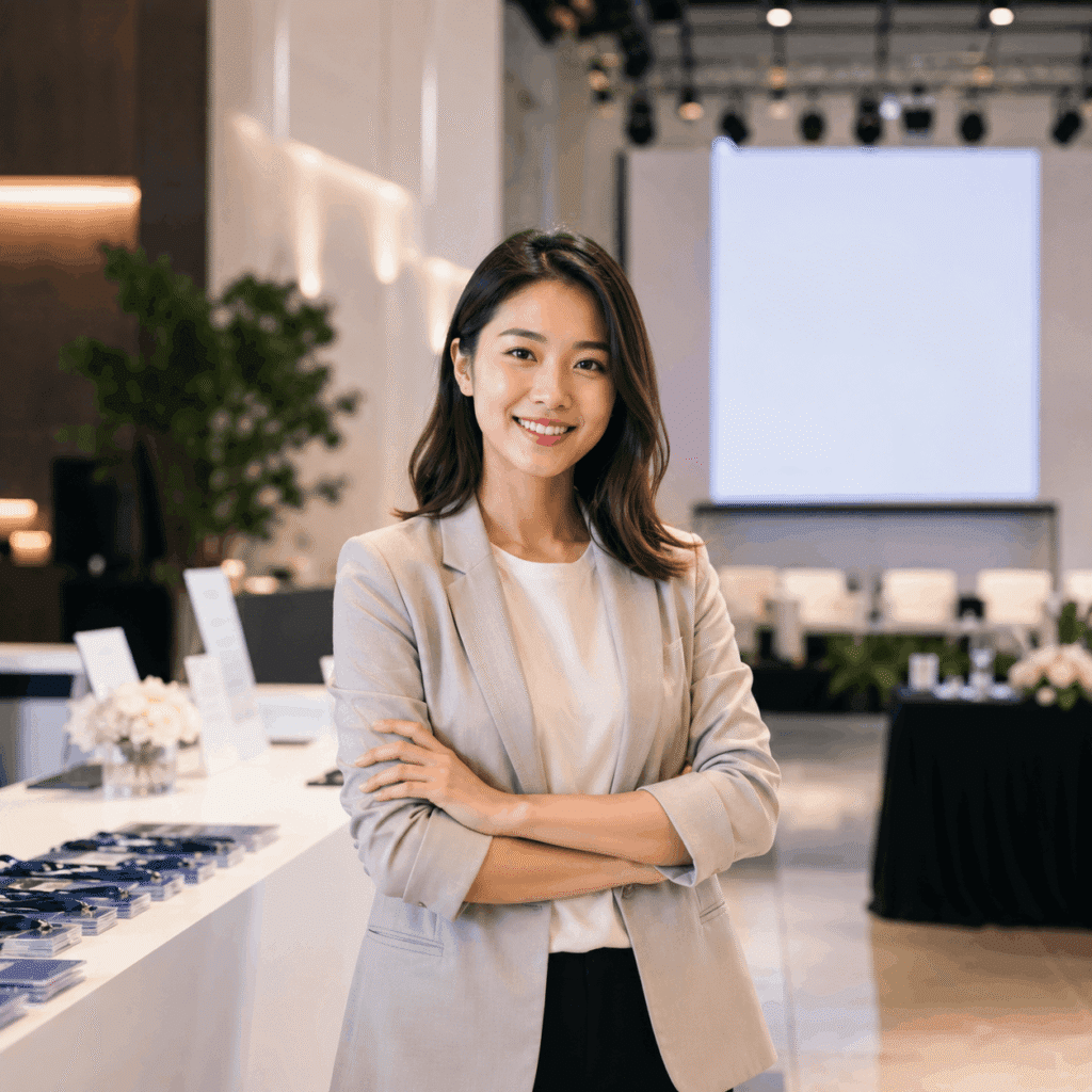 Brand Visibility Malaysia | Affiliate & Referral Content 51 Malaysian Chinese event organiser standing inside a modern seminar and campaign venue