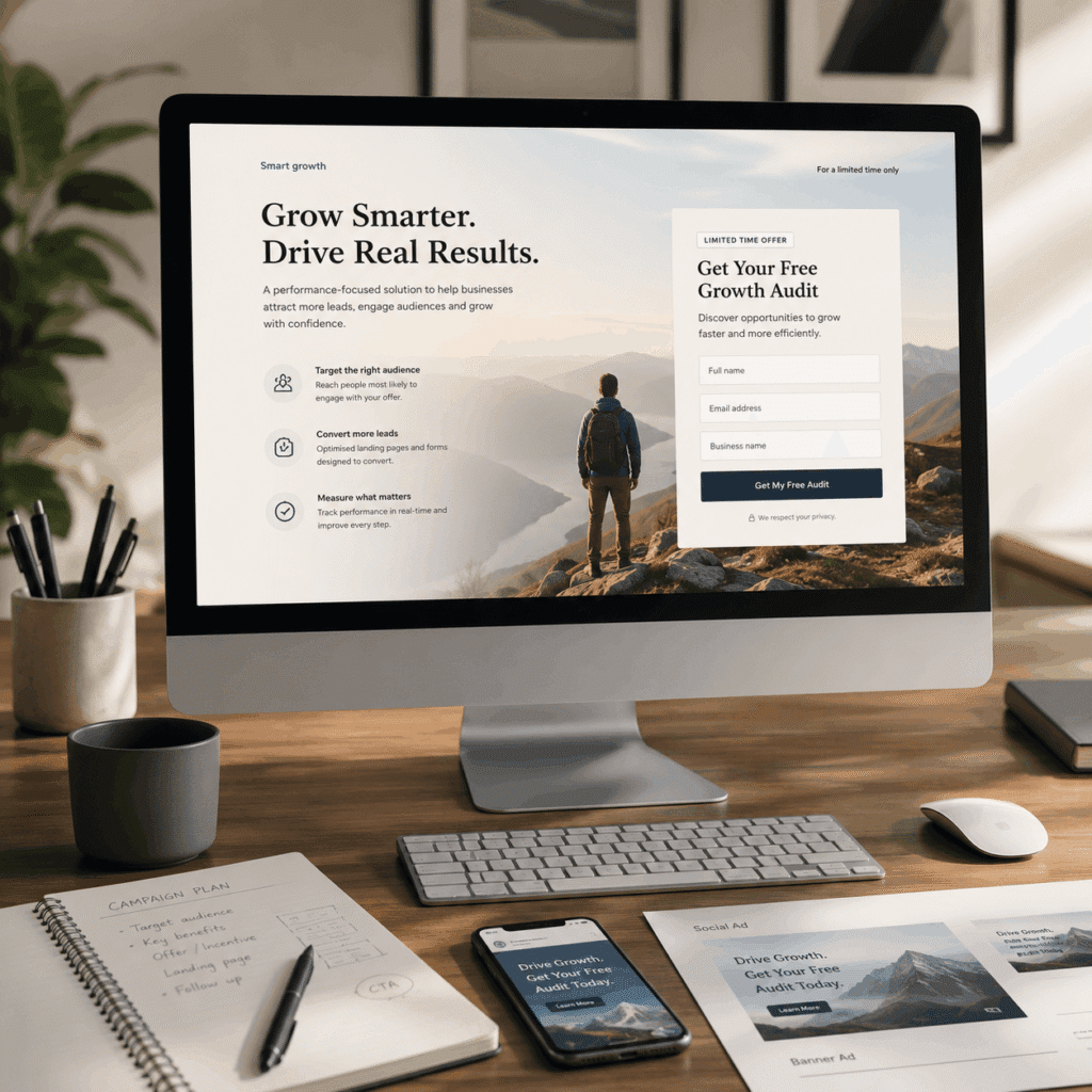 Landing Page Design Malaysia for Businesses | Miura Visual 6 Campaign and lead generation landing page design displayed on a desktop monitor with marketing materials