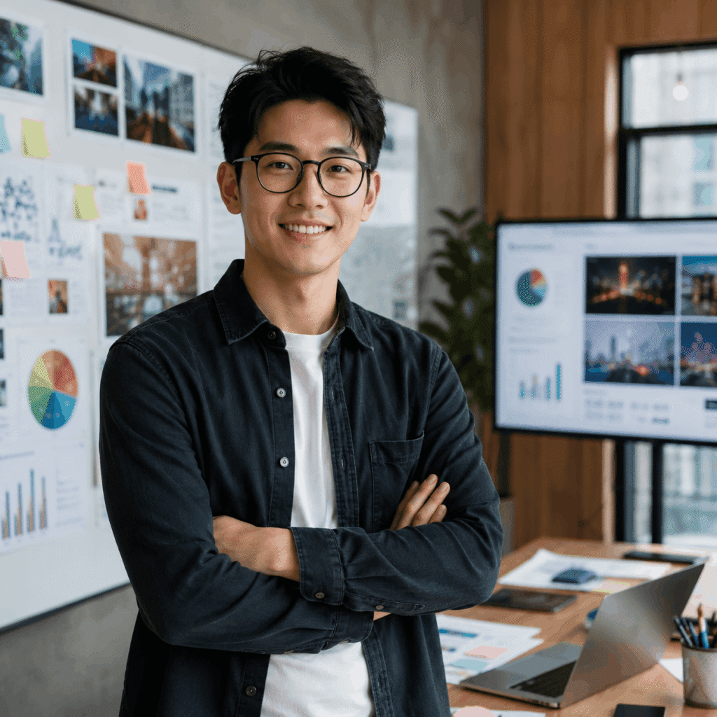 Landing Page Design Malaysia for Businesses | Miura Visual 44 Marketing campaign professional smiling in a creative office with campaign boards and analytics