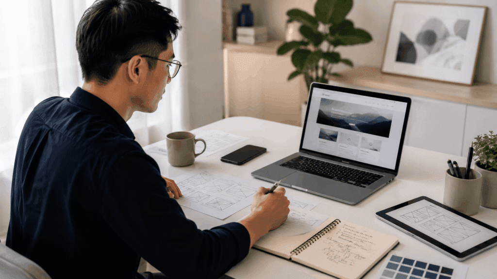 Website designer planning page layouts and content structure using wireframes, a laptop and a tablet.