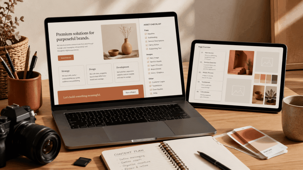 Landing Page Design Malaysia for Businesses | Miura Visual 36 Content planning workspace with laptop and tablet showing landing page assets and page overview