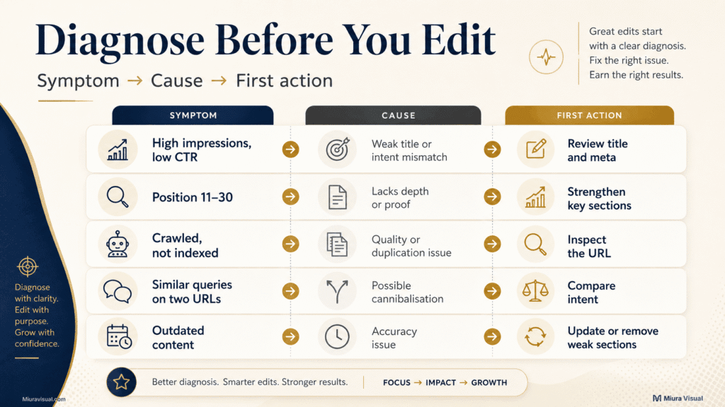 How to Do a Content Audit for Your Blog: Keep, Update, Merge or Remove? 5 Content audit diagnostic guide matching search performance symptoms with likely causes and recommended actions