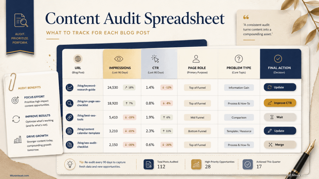 How to Do a Content Audit for Your Blog: Keep, Update, Merge or Remove? 4 Content audit spreadsheet showing URL, impressions, CTR, page role, problem type and final action columns