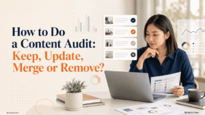 Asian content creator reviewing blog analytics and deciding which pages to keep, update, merge or remove