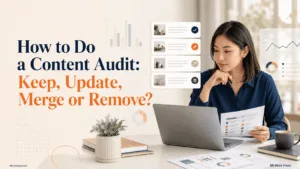 Asian content creator reviewing blog analytics and deciding which pages to keep, update, merge or remove