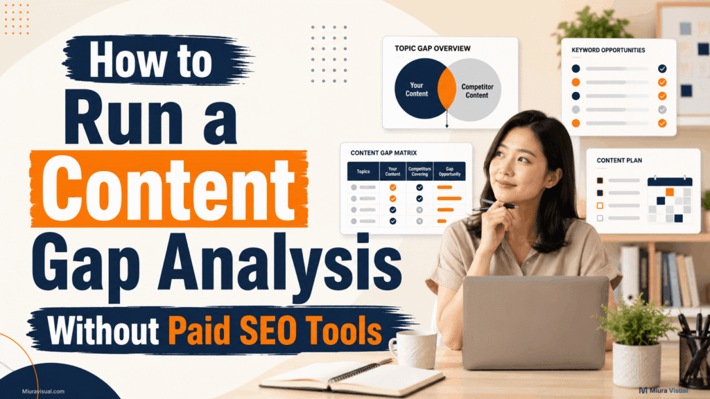 How to Run a Content Gap Analysis Without Paid SEO Tools 1 Asian content creator reviewing keyword opportunities, competitor coverage and a content gap matrix without paid SEO tools