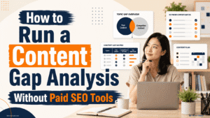 Asian content creator reviewing keyword opportunities, competitor coverage and a content gap matrix without paid SEO tools