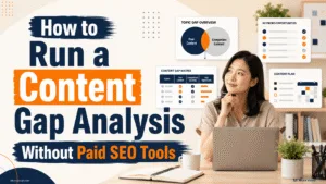 Asian content creator reviewing keyword opportunities, competitor coverage and a content gap matrix without paid SEO tools