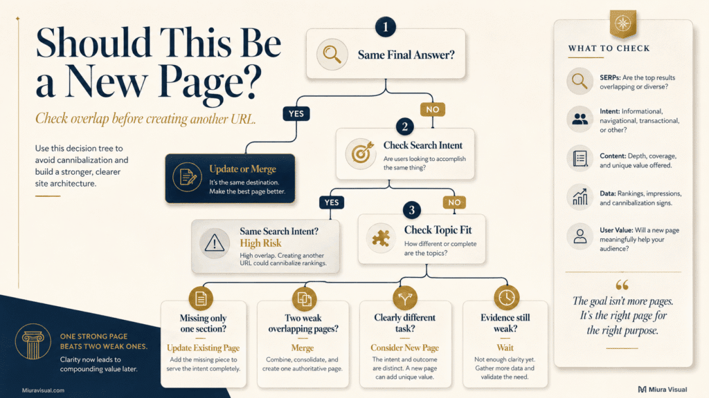 How to Run a Content Gap Analysis Without Paid SEO Tools 5 Decision tree for checking content overlap, search intent and cannibalization before creating a new website page