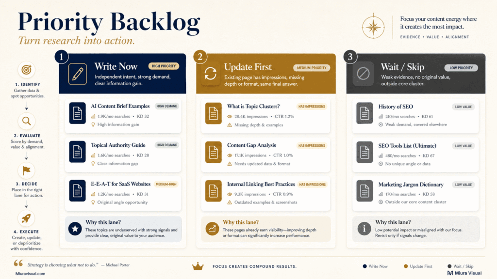 How to Run a Content Gap Analysis Without Paid SEO Tools 7 Content priority backlog dividing opportunities into write now, update first and wait or skip based on evidence and value