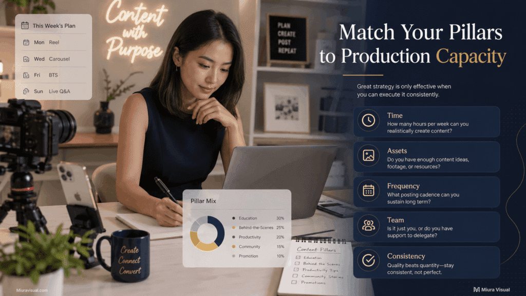 How to Create Social Media Content Pillars for Your Brand 6 Malaysian Chinese creator reviewing the time, assets, frequency, and team capacity needed to produce content consistently