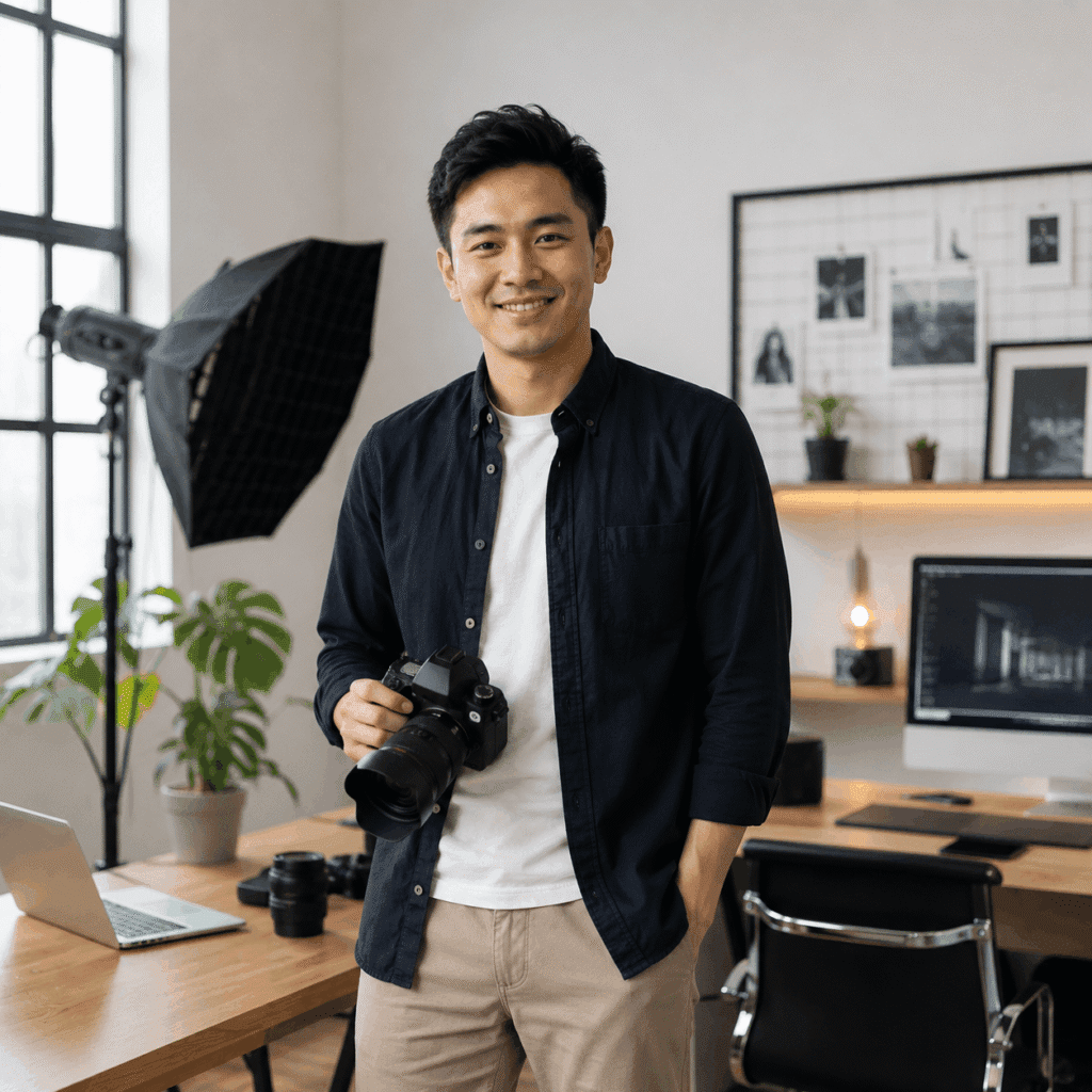 Creative photographer smiling inside a modern content studio