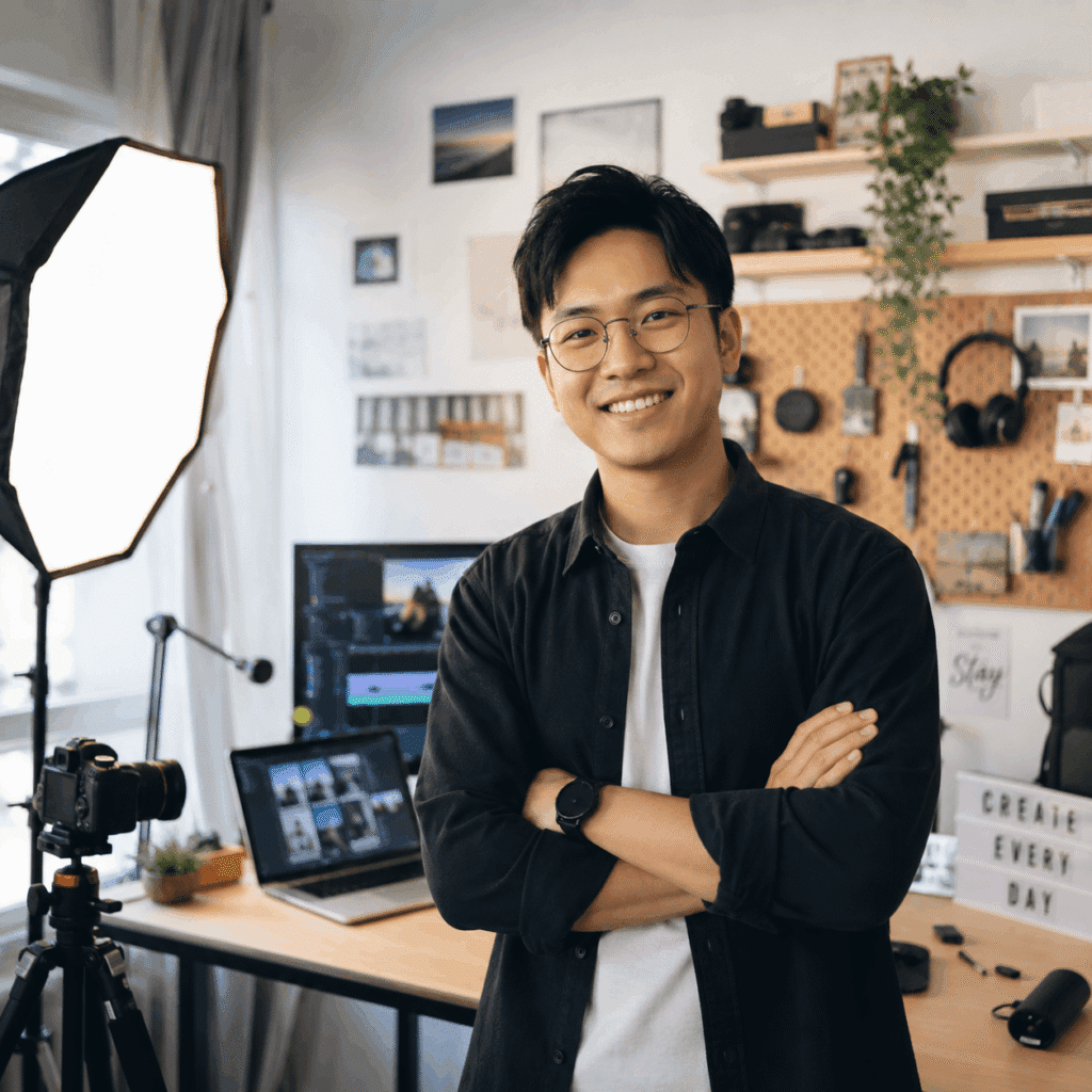 Digital Presence Malaysia | Website, SEO & Support 40 Smiling creator standing in a home studio with a camera, editing screens, and a large softbox light in the background.