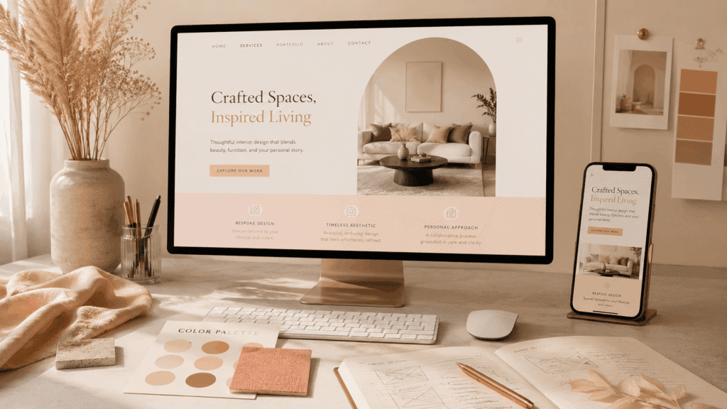 Landing Page Design Malaysia for Businesses | Miura Visual 38 Design direction workspace with desktop and phone showing a styled landing page and colour palette