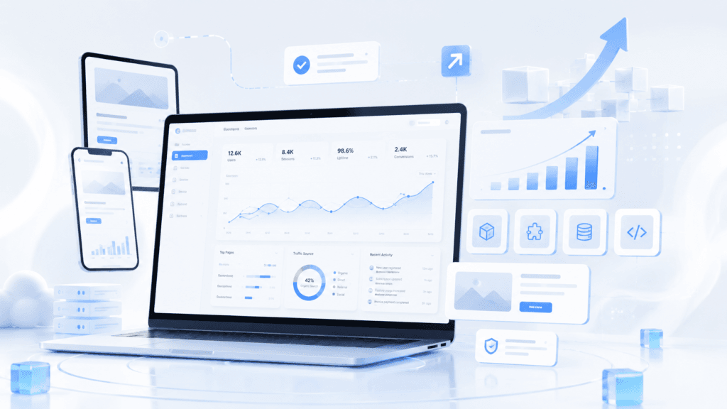 Digital Presence Malaysia | Website, SEO & Support 8 Analytics dashboard on a laptop with floating charts, icons and responsive device mockups in a futuristic tech scene