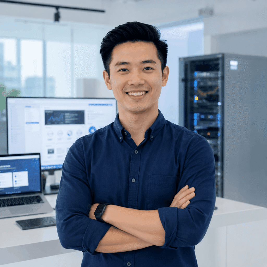 Brand Visibility Malaysia | Affiliate & Referral Content 49 Malaysian Chinese technology service provider in a modern office with server and website systems