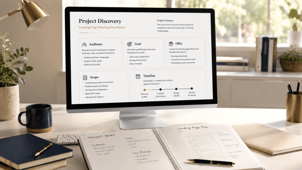 Landing Page Design Malaysia for Businesses | Miura Visual 35 Project planning workspace with desktop screen showing landing page discovery and scope dashboard