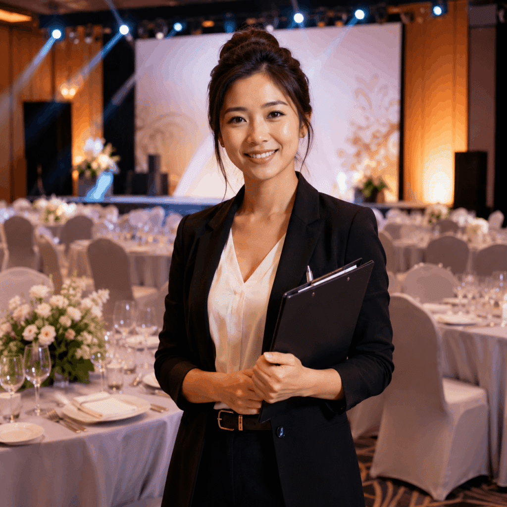 Landing Page Design Malaysia for Businesses | Miura Visual 46 Event organiser smiling in a decorated venue with banquet tables and stage lighting