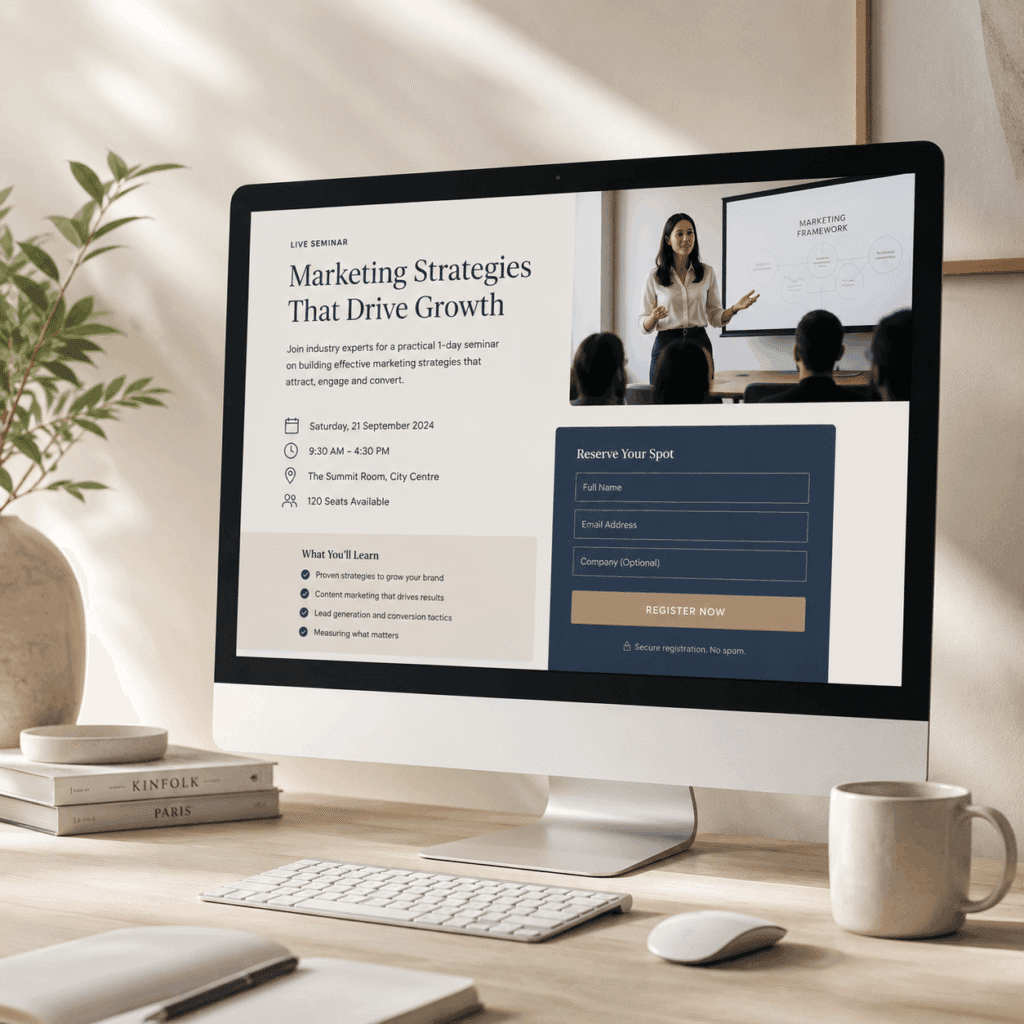 Landing Page Design Malaysia for Businesses | Miura Visual 8 Event registration landing page design for a seminar displayed on a desktop monitor