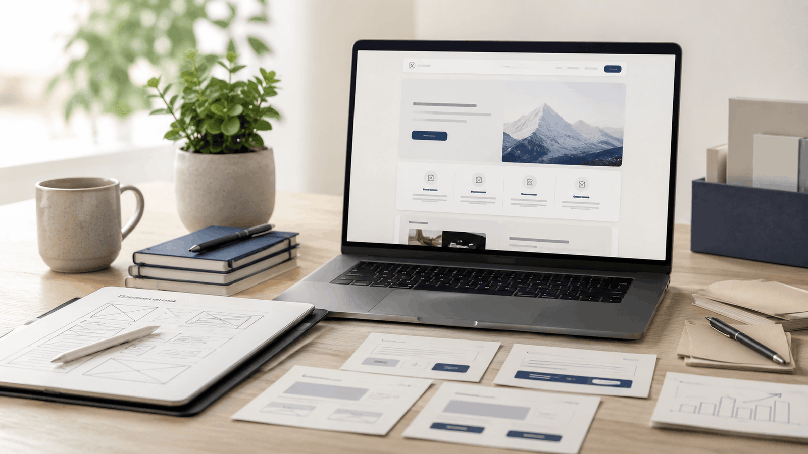 Landing Page Design Malaysia for Businesses | Miura Visual 2 Landing page design workspace with a laptop displaying a focused one-page website layout and planning materials.