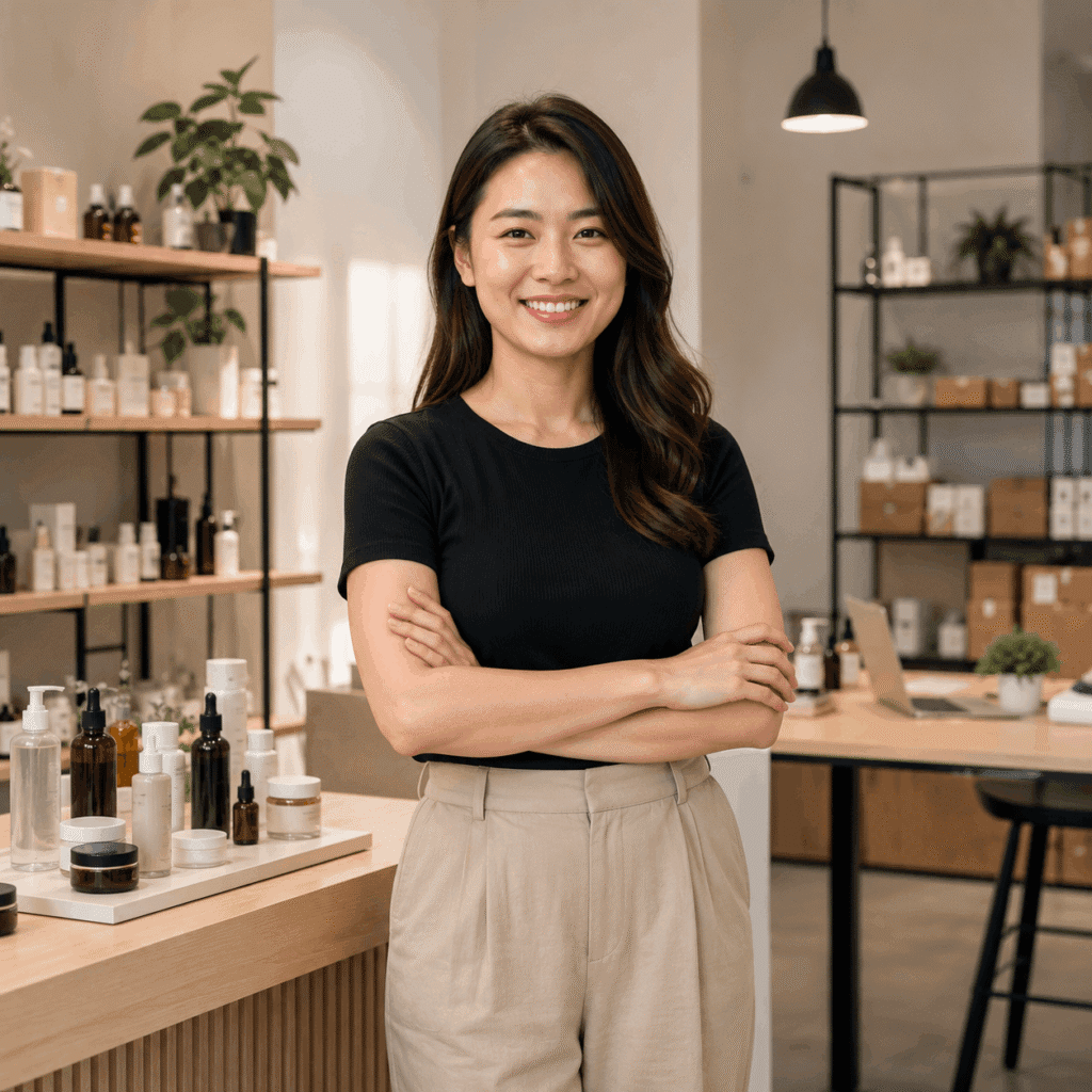 Brand owner smiling in a modern product studio with skincare displays