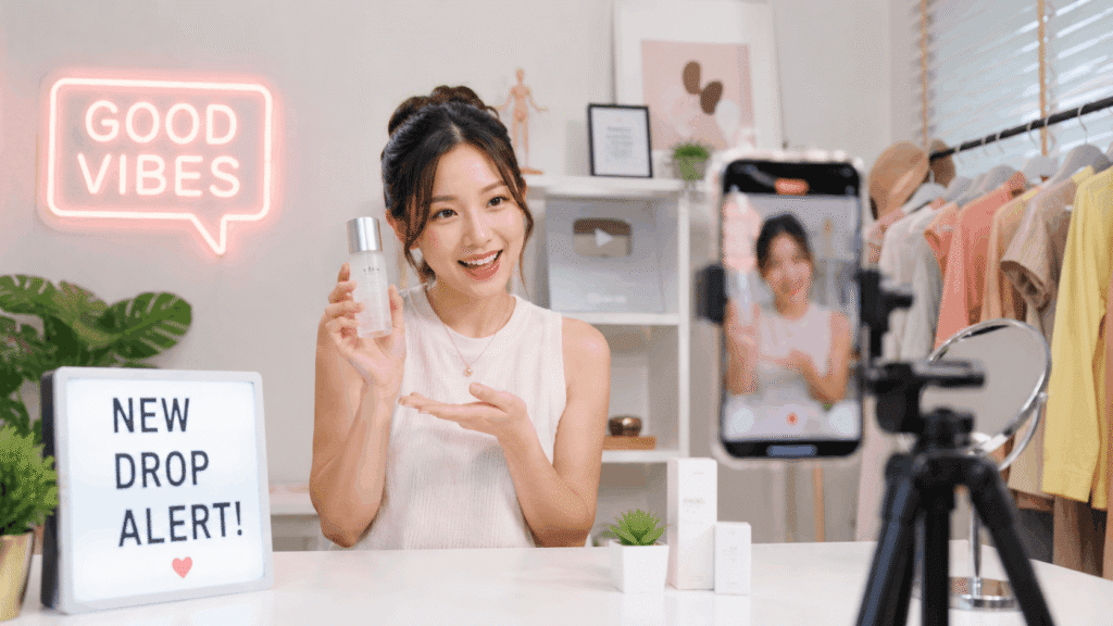 Malaysian Chinese creator filming a product presentation in a bright studio for short-form video content