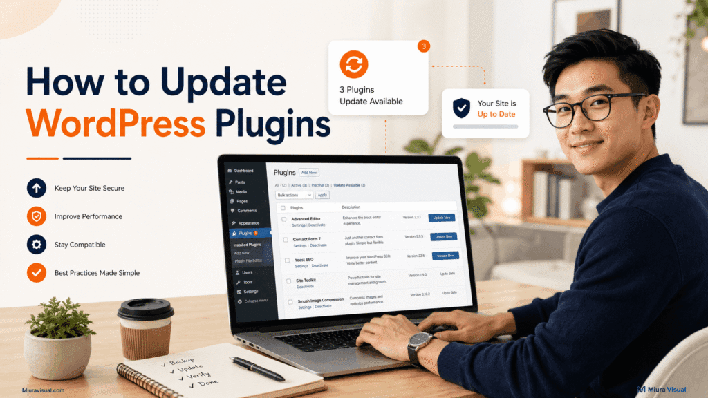 How to update WordPress plugins tutorial cover featuring an Asian creator using a laptop with a WordPress plugin update screen