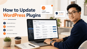 How to update WordPress plugins tutorial cover featuring an Asian creator using a laptop with a WordPress plugin update screen